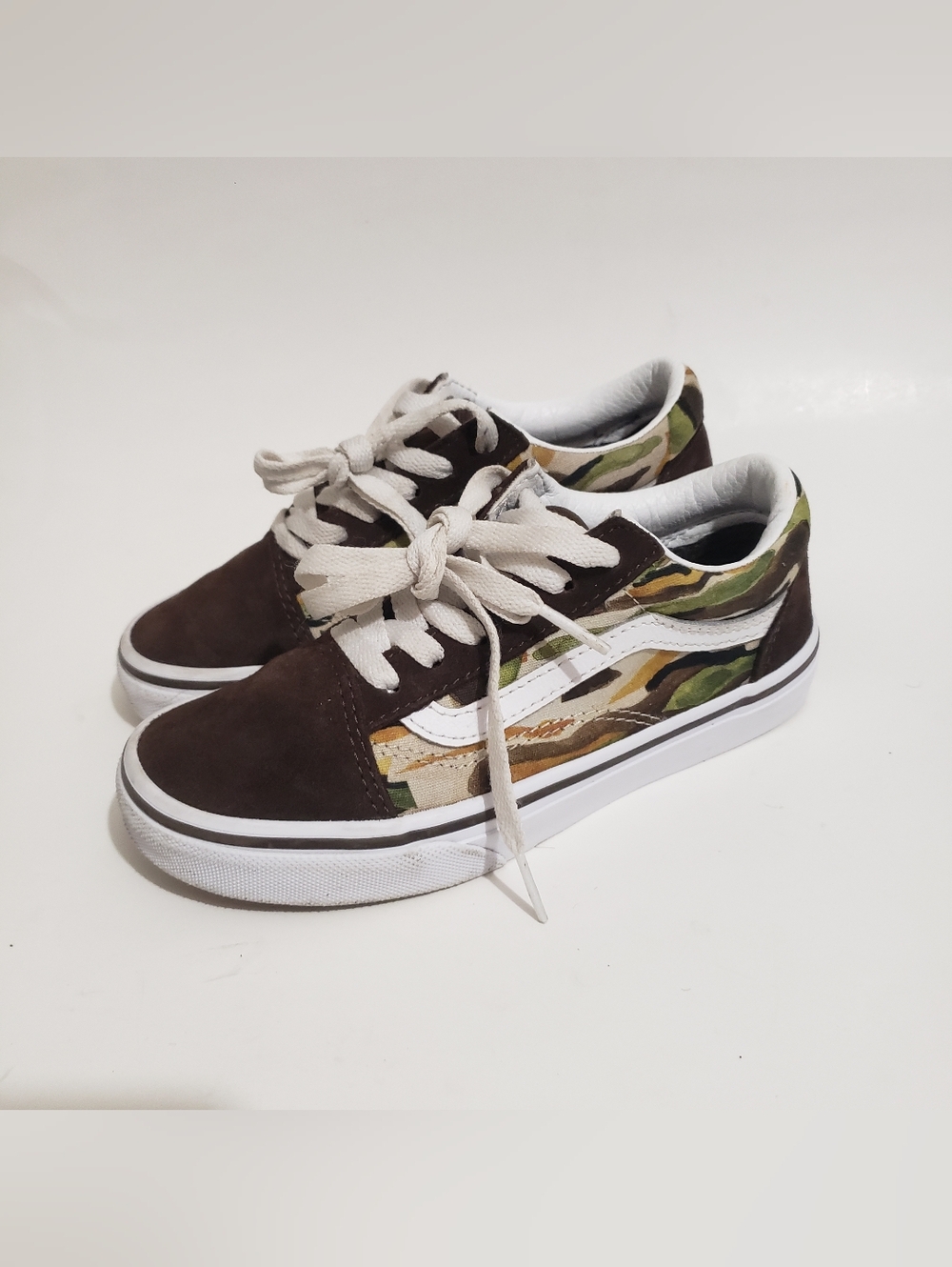 Vans Old Skool Kids Size 1.5 Brown Suede Camo Canvas Low Top Sneakers Well Kept